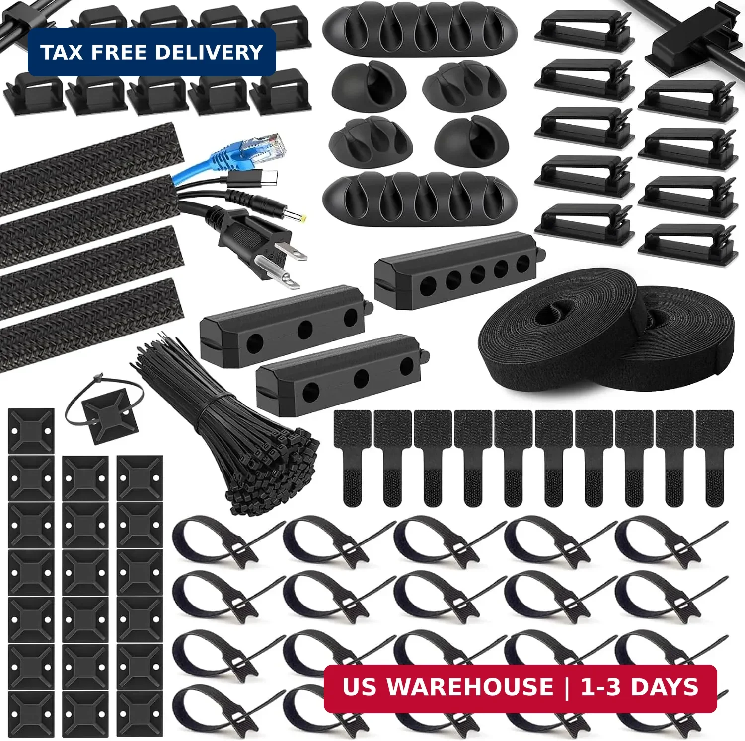285 PCS Cable Management Kit - 4 Cable Sleeve Split, 50 Adhesive Cable Clips, 9 Cable Holder, 2 Roll Cable Organizer Straps, 200 Cable Zip Ties with 20 Mounts, for Computer TV Under Desk - Black
