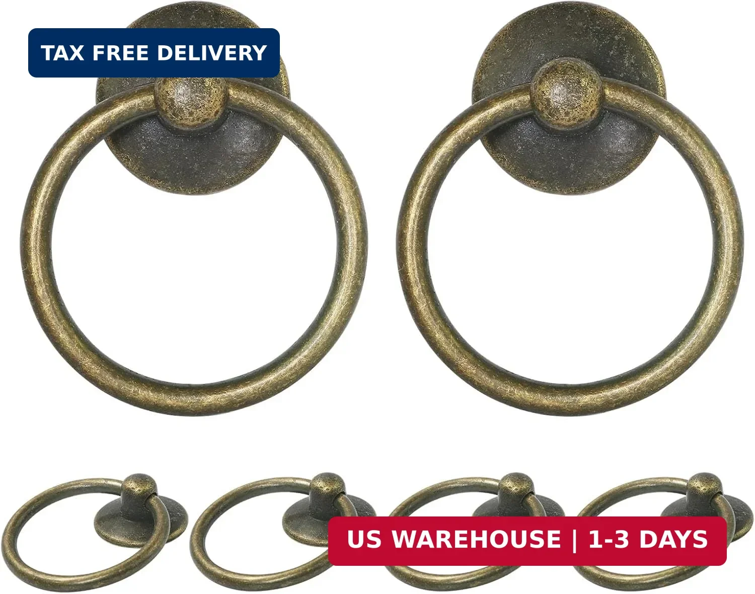 6pcs Antique Brass Drop Ring Drawer Pulls, Vintage Cabinet Ring Handles, Metal D