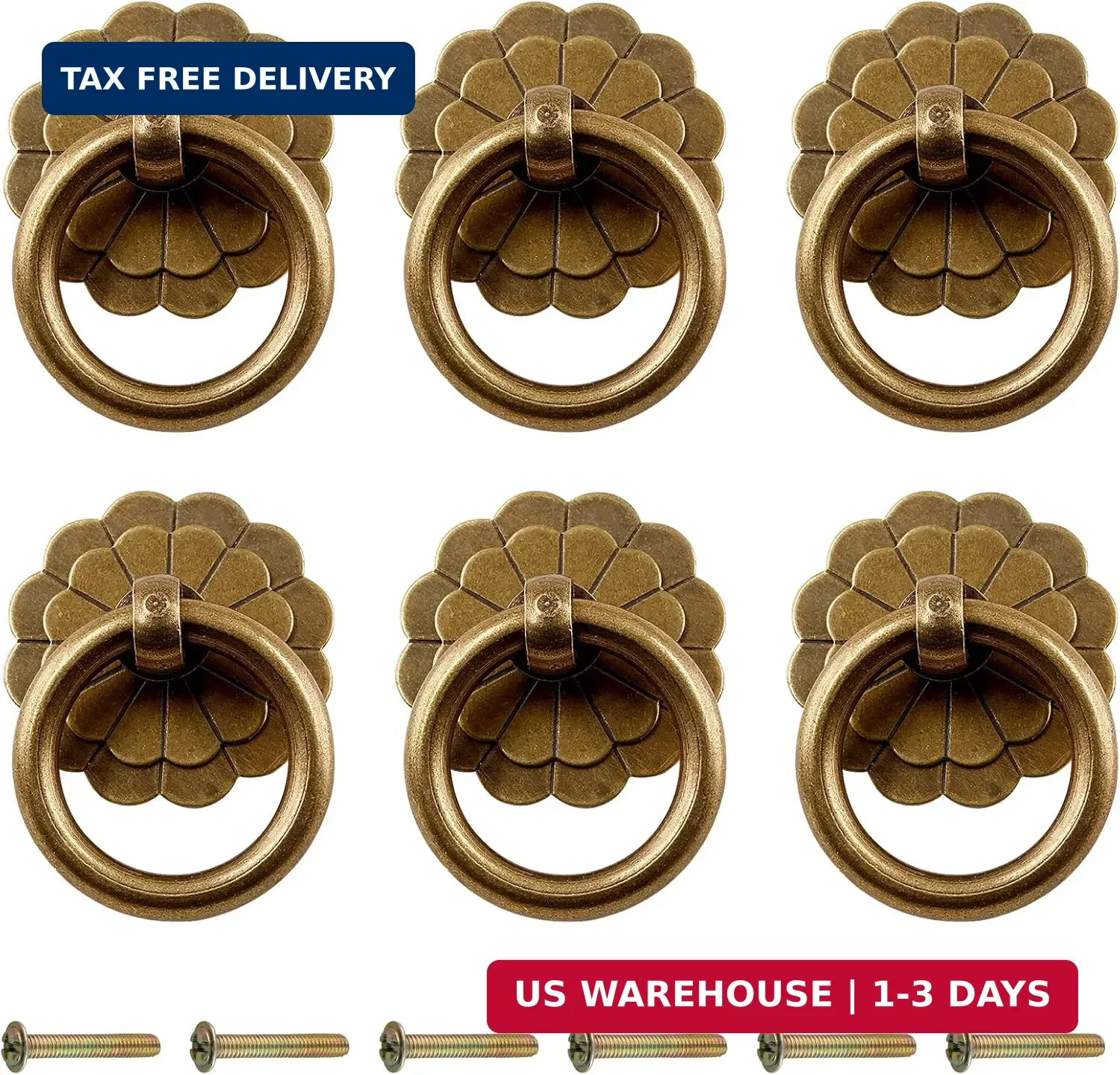 Zorfeter 6Pcs Antique Brass Ring Pulls Vintage Cabinet Small Ring | Knobs Handle