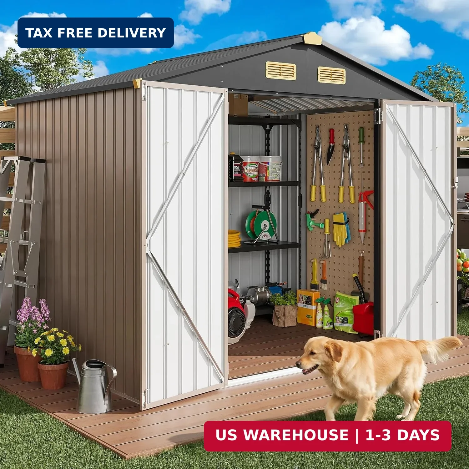 IRONCK 8x6FT Outdoor Storage Shed with Lockable Doors, 7.4x5.3FT