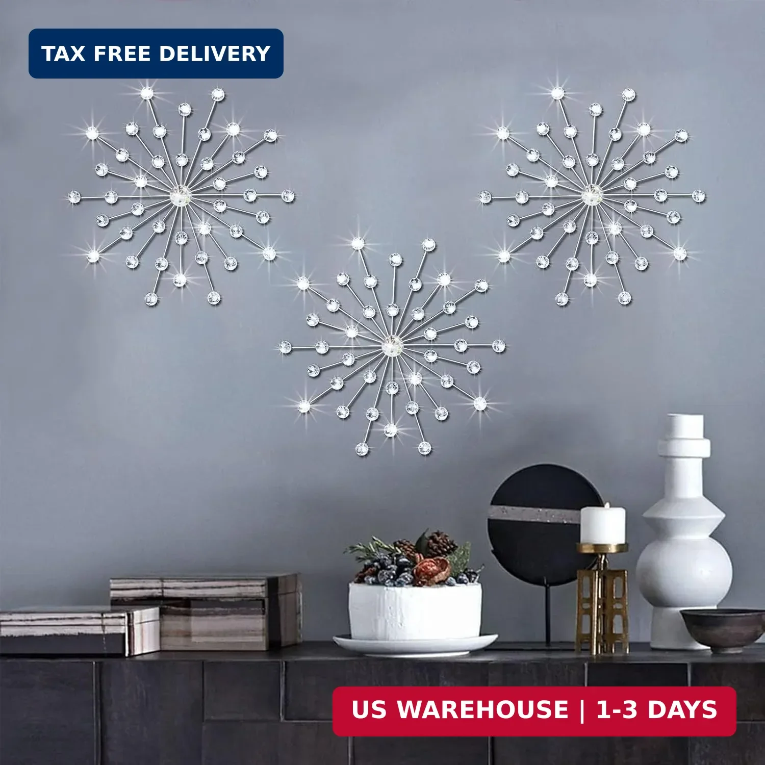 haruru⭐︎ ZEXUIRU 3 Pack Silver Sunburst Wall Decor - Metal Crystal Wall Art
