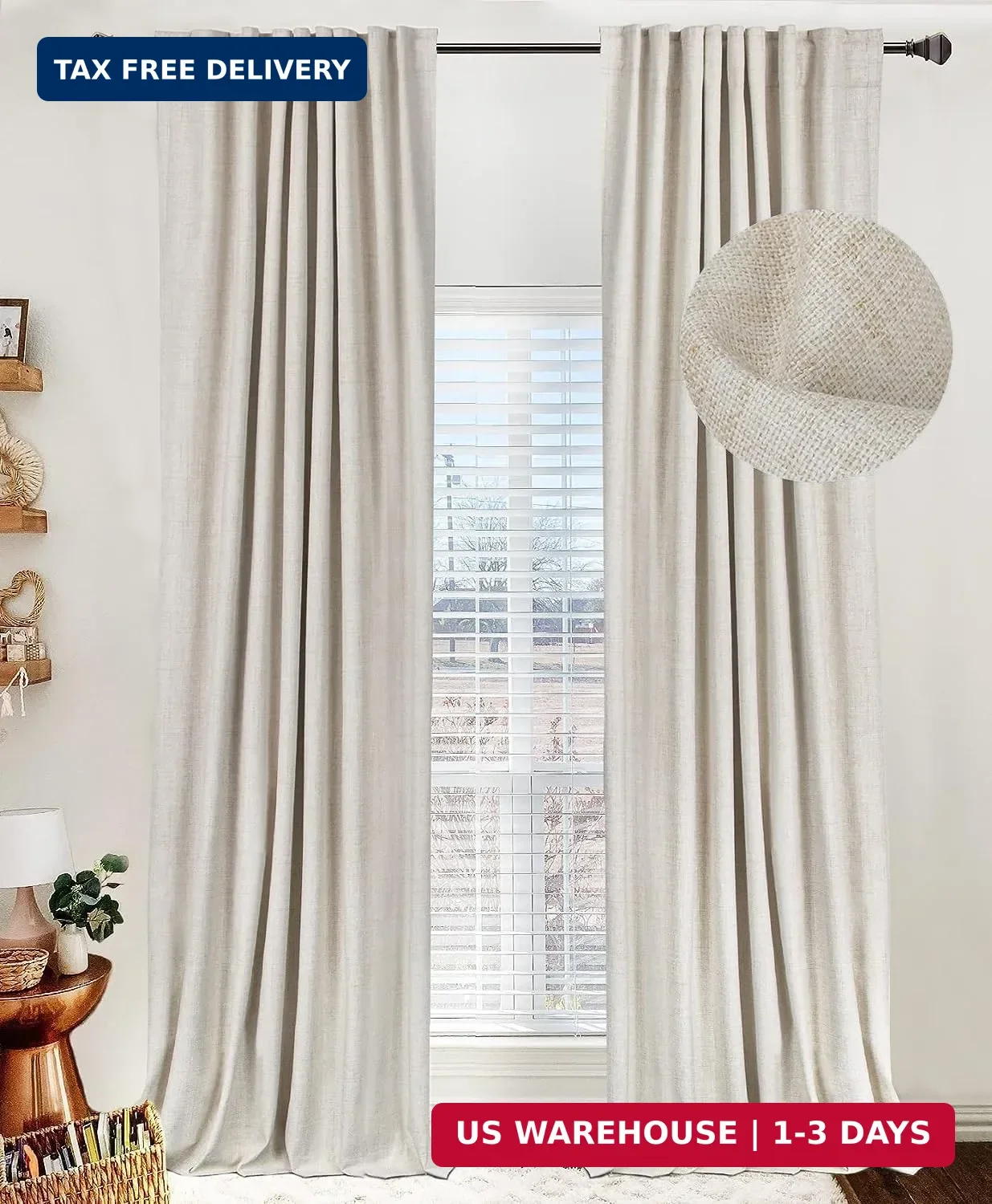 100% Blackout Linen Curtains 84″ x 50″ 2 Panels Thermal Insulated Cream
