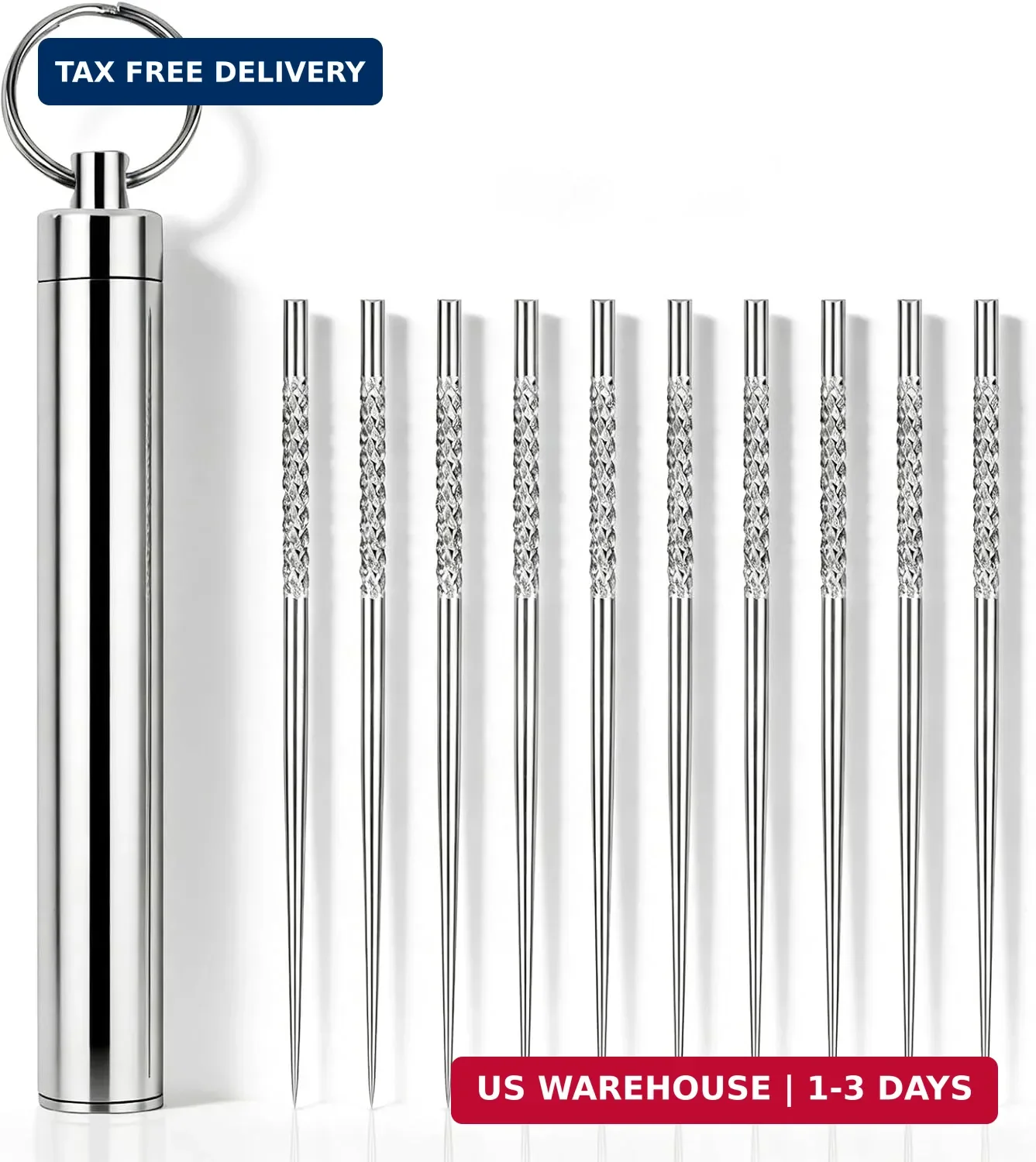 10 Pcs Reusable Metal Toothpick with Waterproof Case, Portable Stainless Steel Travel Toothpicks Keychain Holder for Camping Hiking Outdoor
