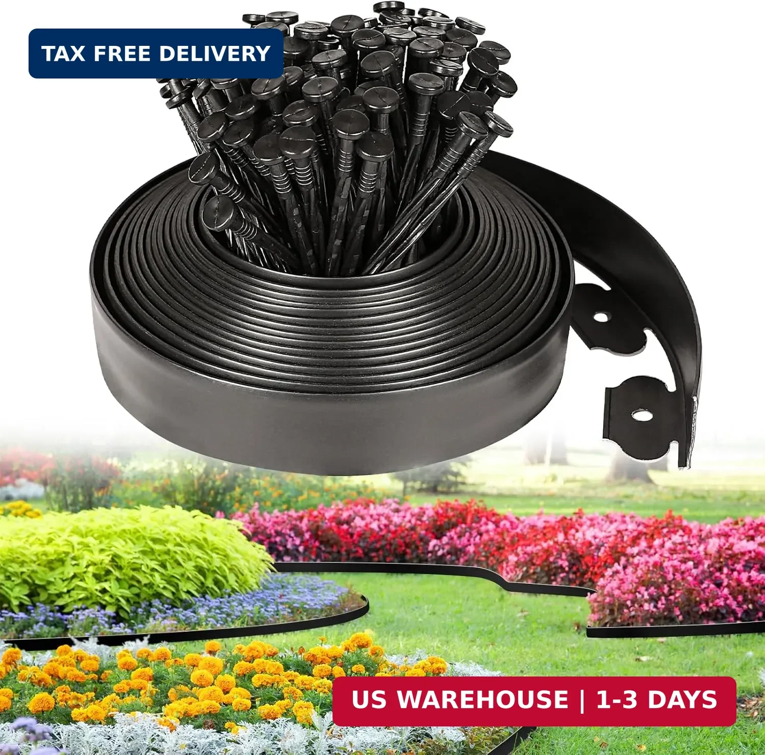 JERIA 2 Inch Tall 33 FT Garden Edging Kit with 45pcs Spikes, Plastic Edging for