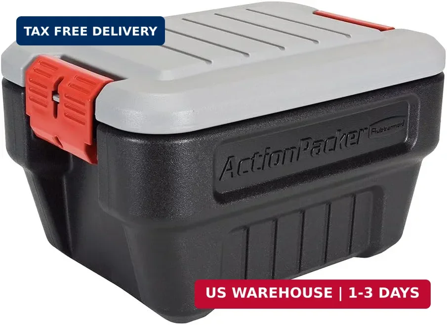 Rubbermaid ActionPacker Lockable Storage Box, 8 Gallon, Grey and Black (1949040)