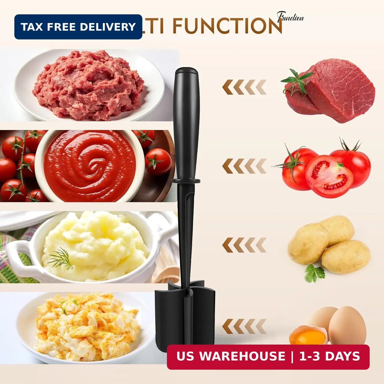 Meat Masher, Ground Beef Chopper Tool with 5 Curve Blades & Ergonomic Non-Slip H