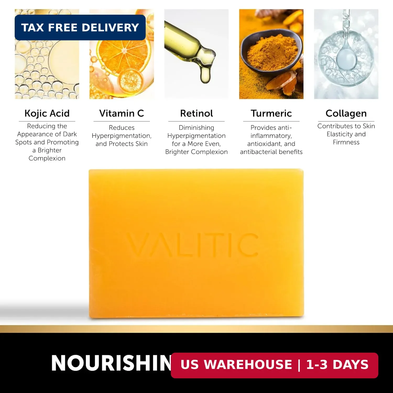 VALITIC Kojic Acid Dark Spot Remover Soap with Turmeric, Vitamin C, Retinol - Or 850042832547