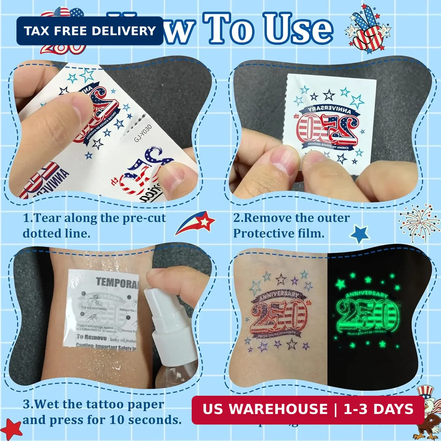 108PCS 4th of July Temporary Tattoos Kids, 250th Anniversary USA Glow in the Dar
