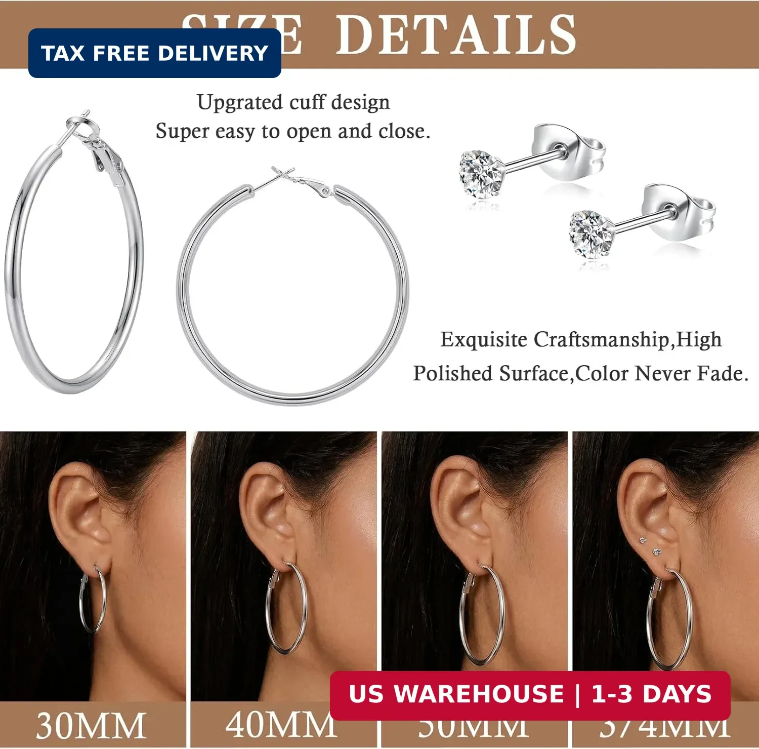 5 Pairs Silver Stud Hoop Earrings for Women, Hypoallergenic 14K White Gold Plate