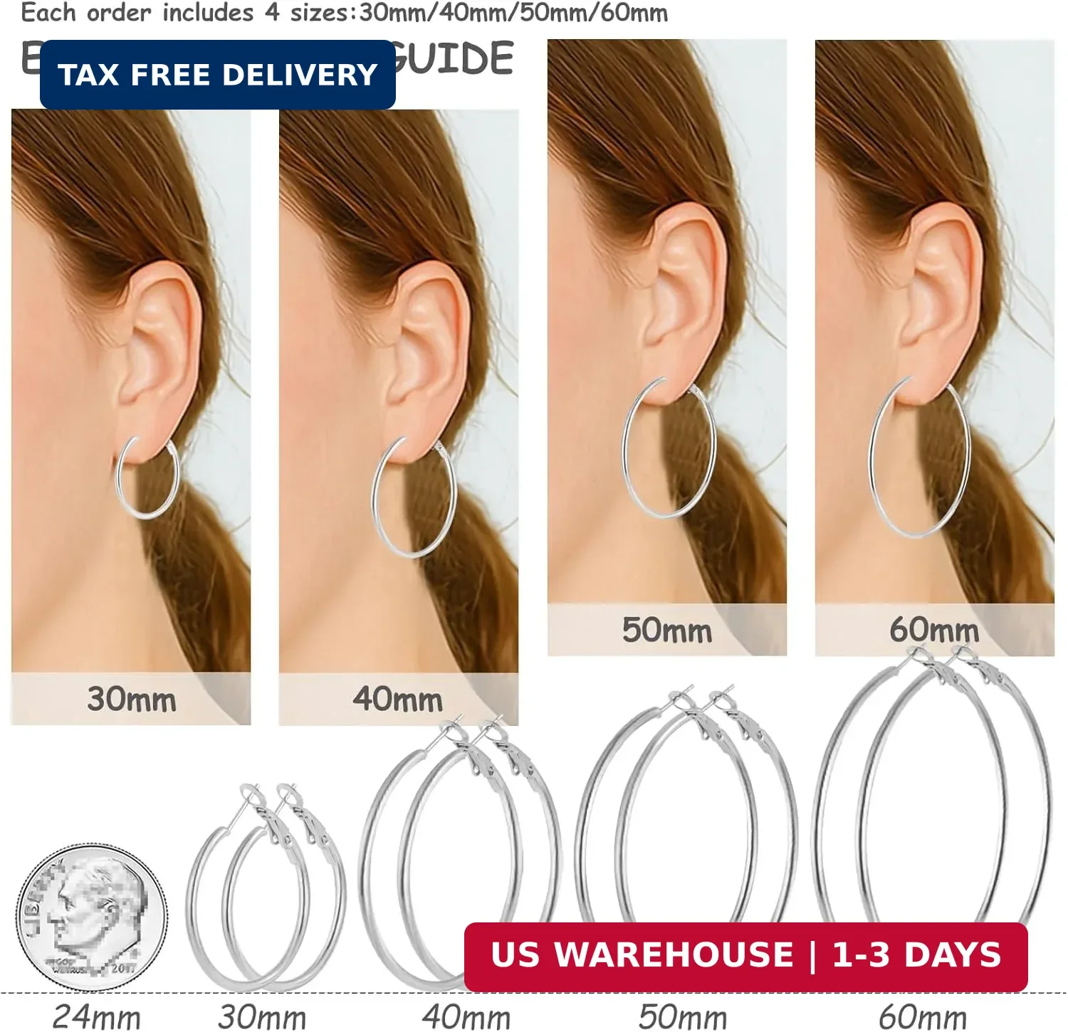 4 Pairs Stainless Steel 30/40/50/60 mm Silver 14K Gold Plated Hoop Earrings for