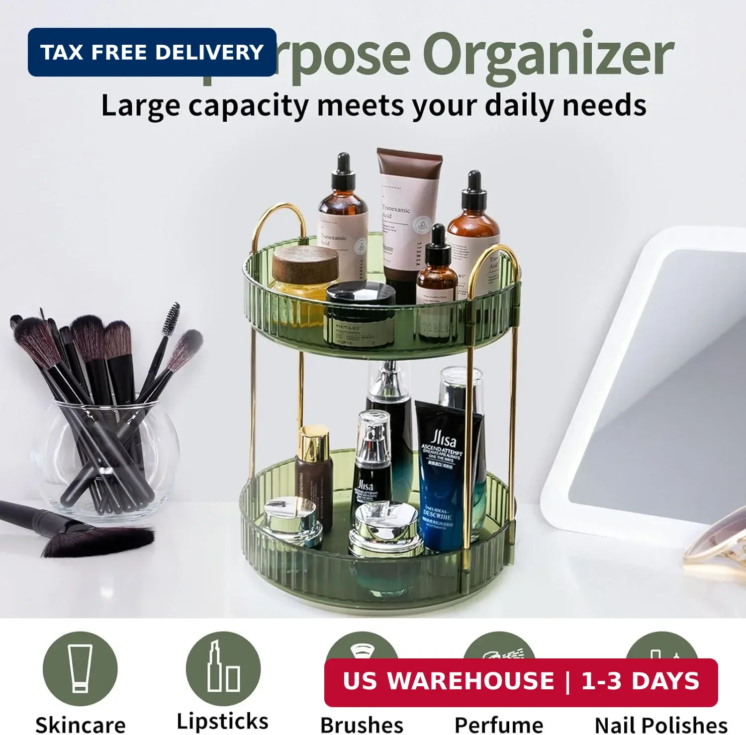 Asayuee 360 Rotating Makeup Organizer for Vanity,2 Tier Large Capacity Skincare