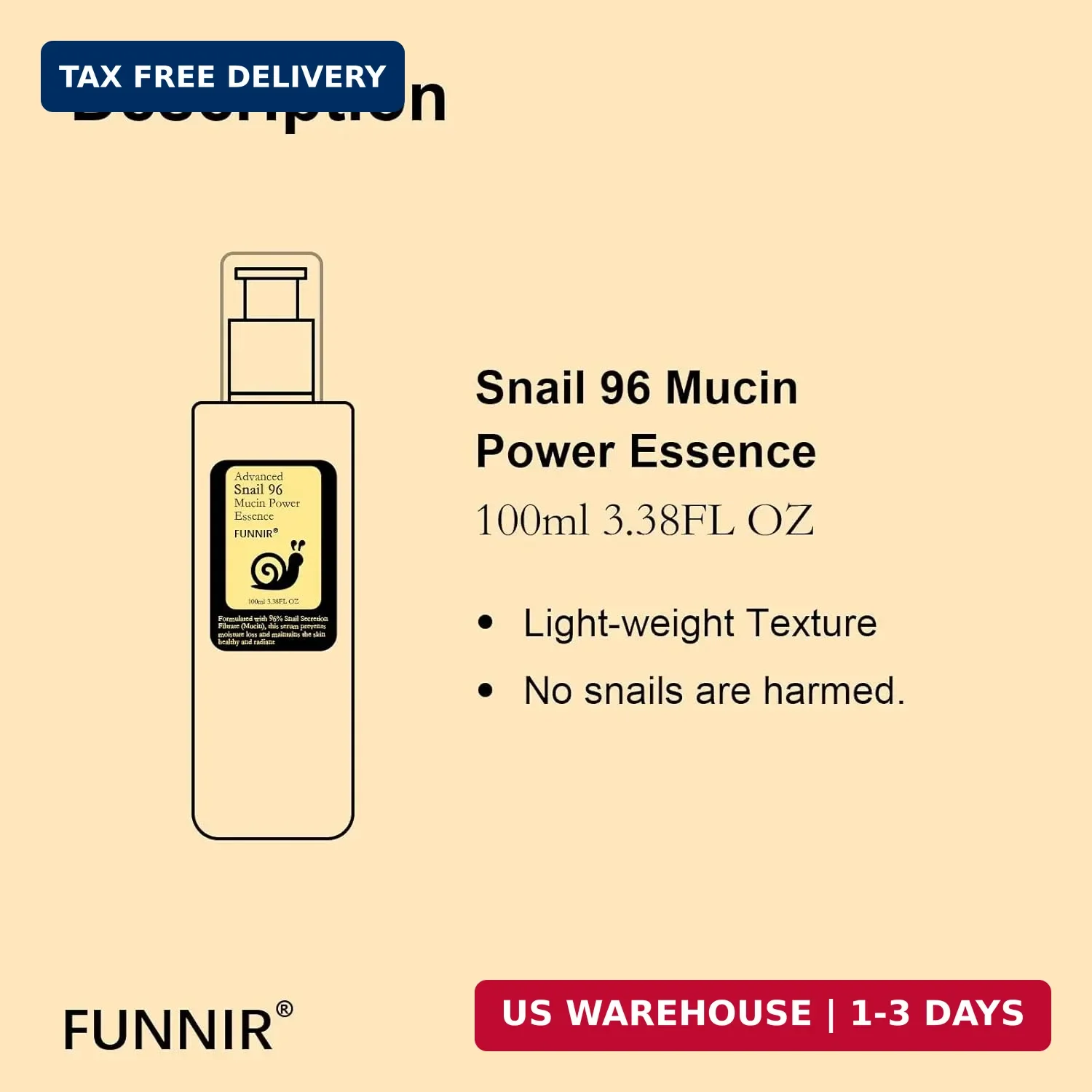 FUNNIR Snail Mucin 96% Essence 100ml, Hydrating Serum for Face with Snail Secret 763449462708