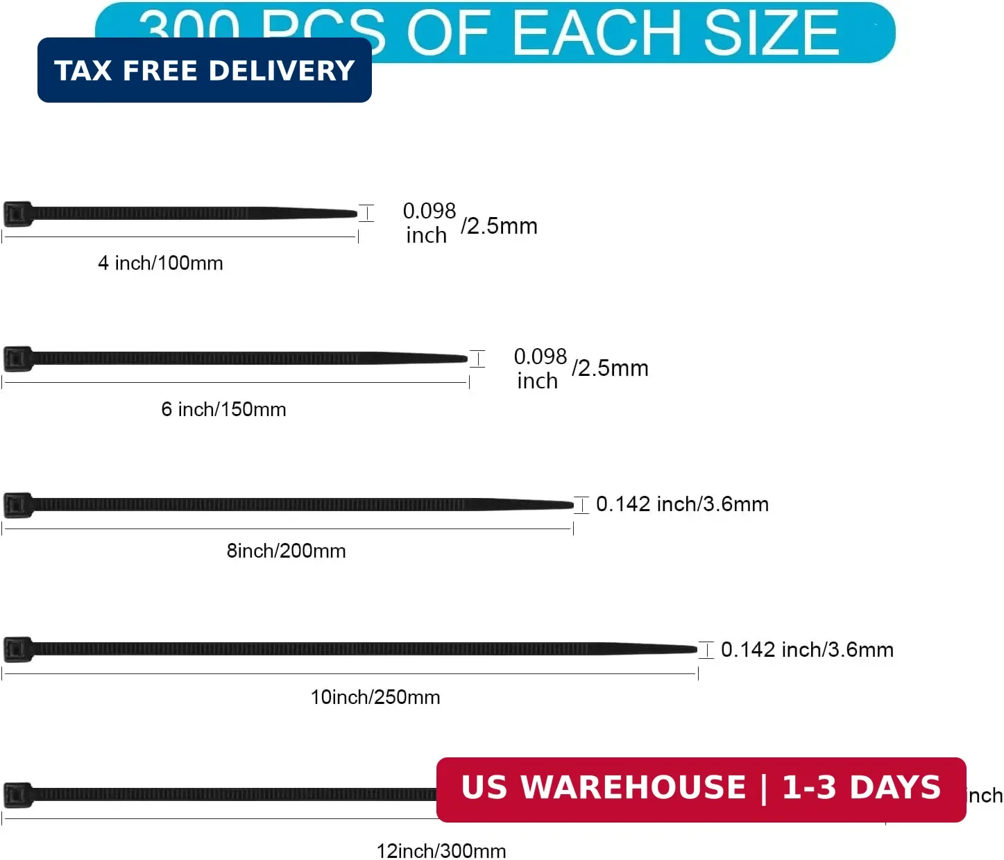 XINGO Black Zip Ties Assorted Size 1500 Pack, 4+6+8+10+12 Inch, Self-Locking UV