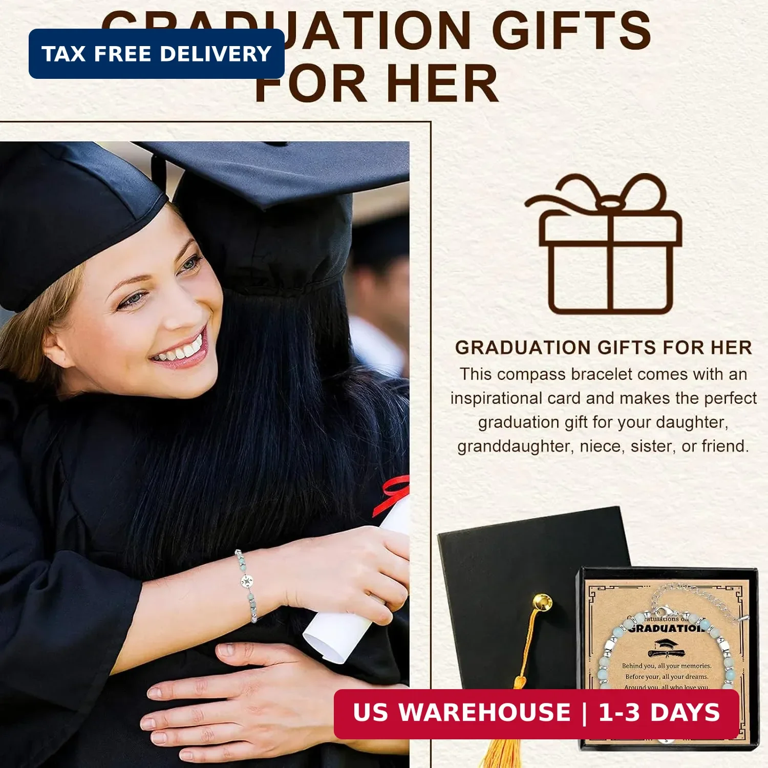 2026 Graduation Gift for Her - Natural Stone Compass Bracelet Gifts with Unique