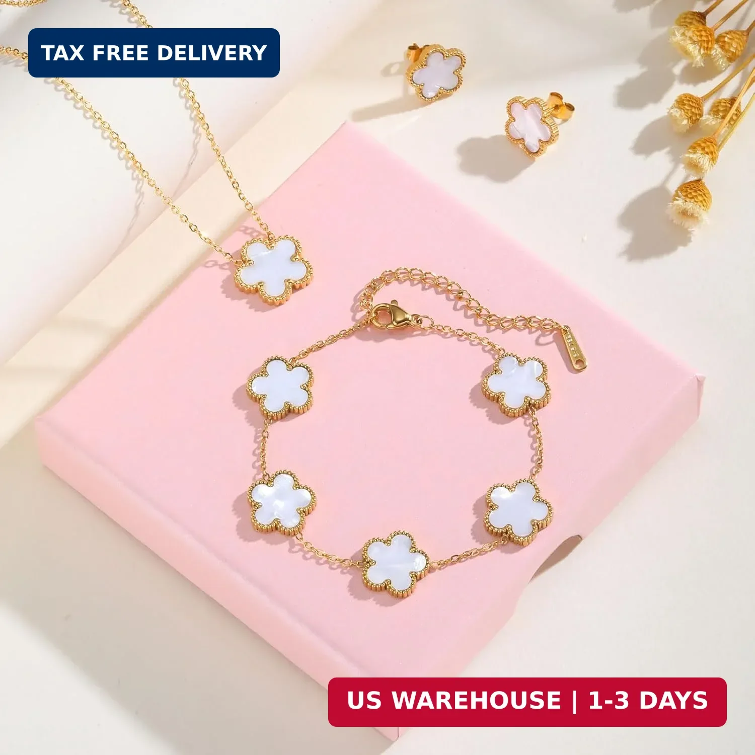 Gold Necklaces Bracelets Earring Set - 18K Gold Plated Flower Bracelet Chain,Sta
